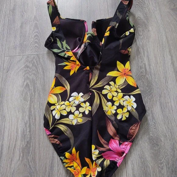Miraclesuit Notched V Floral Print One Piece Swimsuit - Picture 2 of 15